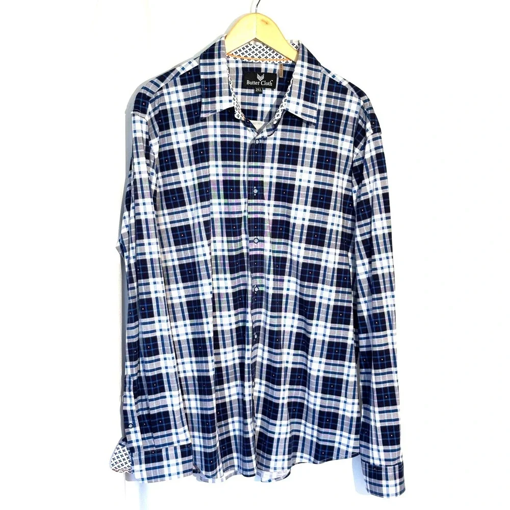 Butter Cloth Mens 2XL Blue White Plaid Long Sleeve Button Down Cotton‎ Shirt